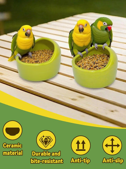2 Pcs Ceramic Bird Food Bowls Parakeet Cage Water Bowl Birds Feeding Dish Parrot Water Feeder for Cage with 2 Plastic Feeding Clips for Parakeets Conure Cockatiels Lovebird Budgie (Green)