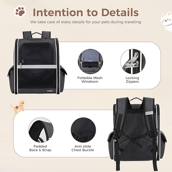 Lekereise Ventilated Cat Backpack Carrier, Pet Carrier Backpack Airline Approved for Small Dogs, 13.39" L x 11" W x 16.53" H Fit Up to 18 Lbs, Dogs Foldable Backpack Carrier for Travel, Hiking, Black