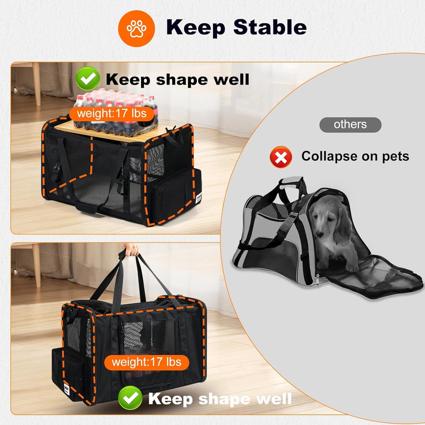 25''(L) x 17''(W) x 17''(H) Extra Large Expandable cat Carrier for car Travel,Soft Crate for 1 Large / 2 Medium Cats up to 35 lbs,Long Road Trip cage with a Leakproof Portable Litter Box