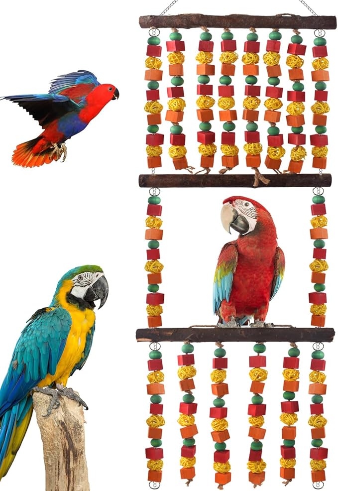 43" Extra Large Bird Parrot Toys, Multicolored Wooden Blocks Chewing Toy with Rattan Balls and Perches for Macaws, African Greys, Cokatoos, Amazon Parrots and Small Medium Parakeets