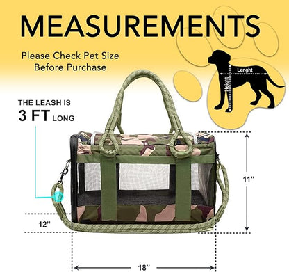 | TSA Airline Approved |Soft Sided Pet Carrier | Cat Carrier | Dog Carrier| Pets Up to 15 lbs | Leash & Luggage Strap | Camo Green Handle