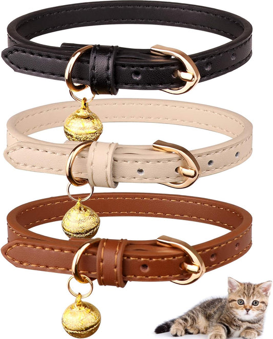 3 Pack Leather Cat Collars with Bells Soft Pet Safety Collar Kitten Collars with Bell Black Chocolate Beige(S)