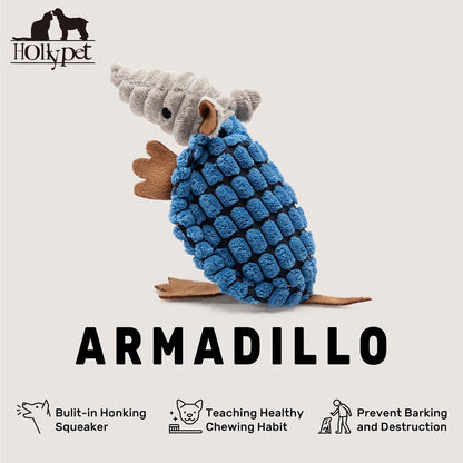 Hollypet Plush Dog Squeaky Toy Stuffed Armadillo Animal Pet Puppy Chew Toys with Clean Teeth for Small Medium Large All Breed Sizes Dogs, Blue, 6 in