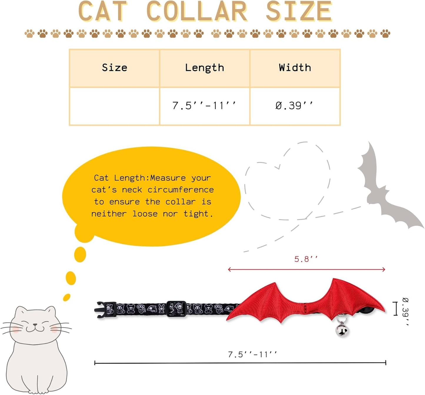 1 PC Bat Wing Cat Collar with Bell, Adjustable Kitten Collar with Safety Breakaway Buckle for Boy&Girl Cats, Halloween Christmas Cat Accessories for Kitten Puppy
