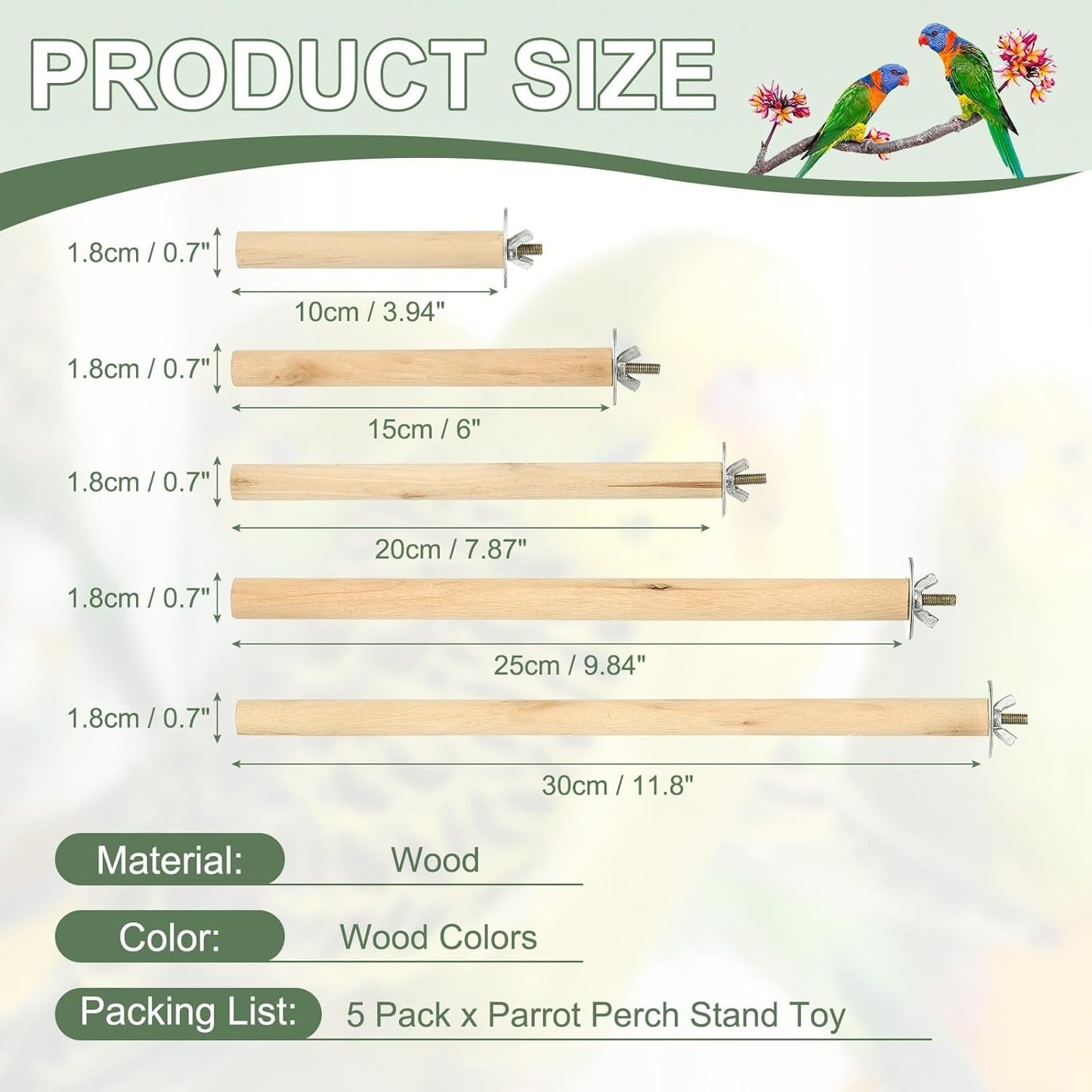 Parrot Perch, Wooden Parrot Perch Stand Toy, Paw Grinding Stick, Bird Cage Accessories, 5 Sizes (5 Colors, 5 Pcs) Birds Toys Intended for Cage/Parakeets/Conure/Budgie