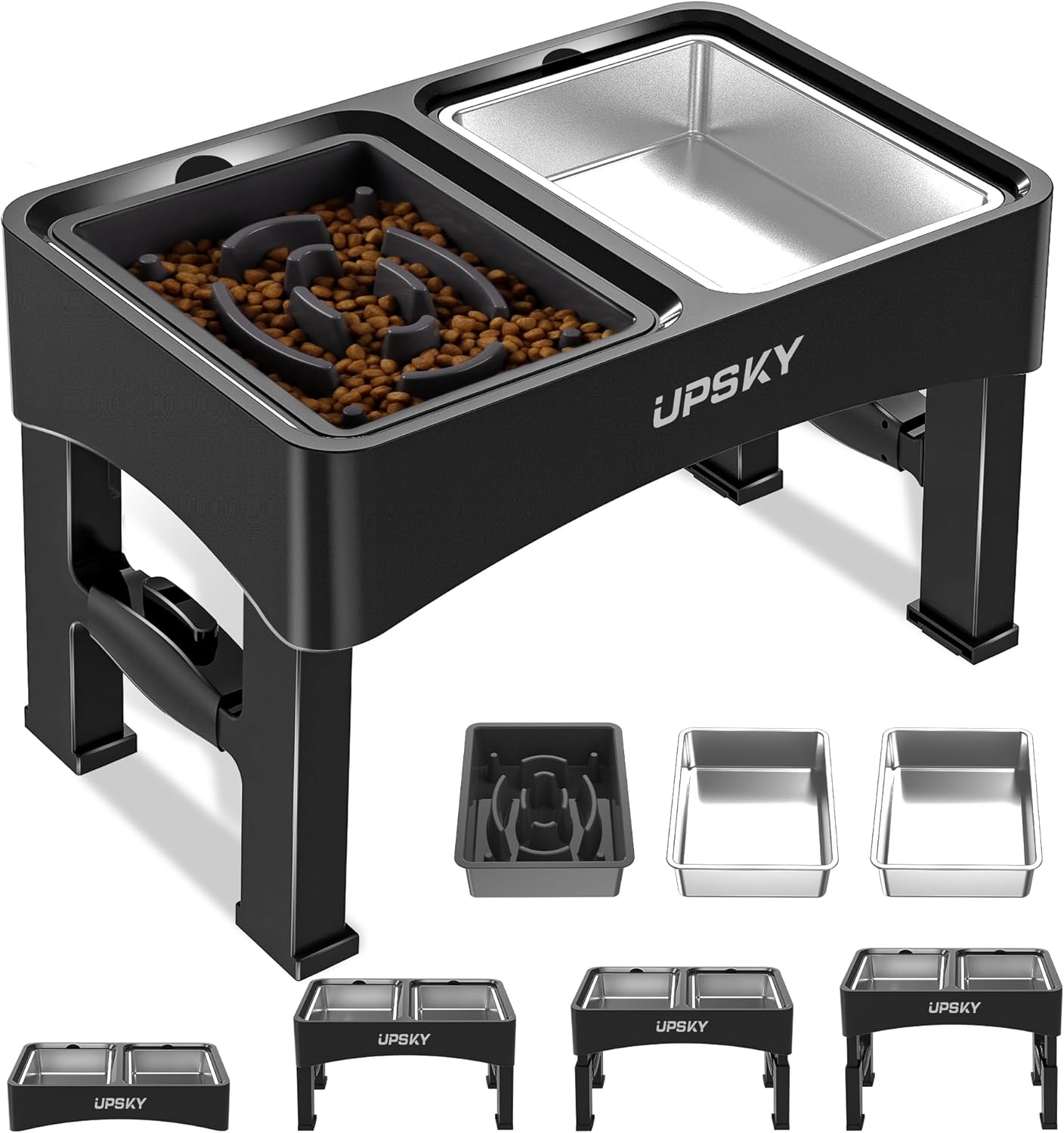 UPSKY Elevated Dog Bowls, 4 Height-Adjustable Raised Dog Bowl Stands with 2 Stainless-Steel Water Bowls, Slow Feeder, Anti-Slip for Small & Medium Dogs
