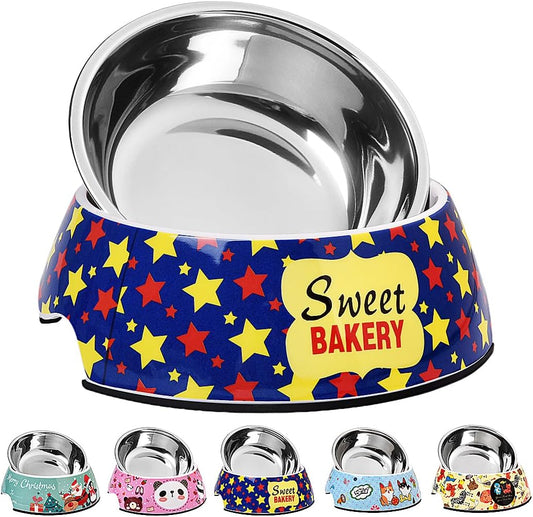 Pet 2 in 1 Food Water Bowls - Non Slip Skid Proof Heavy Duty for Dogs Cats Puppies - Cartoon Stars