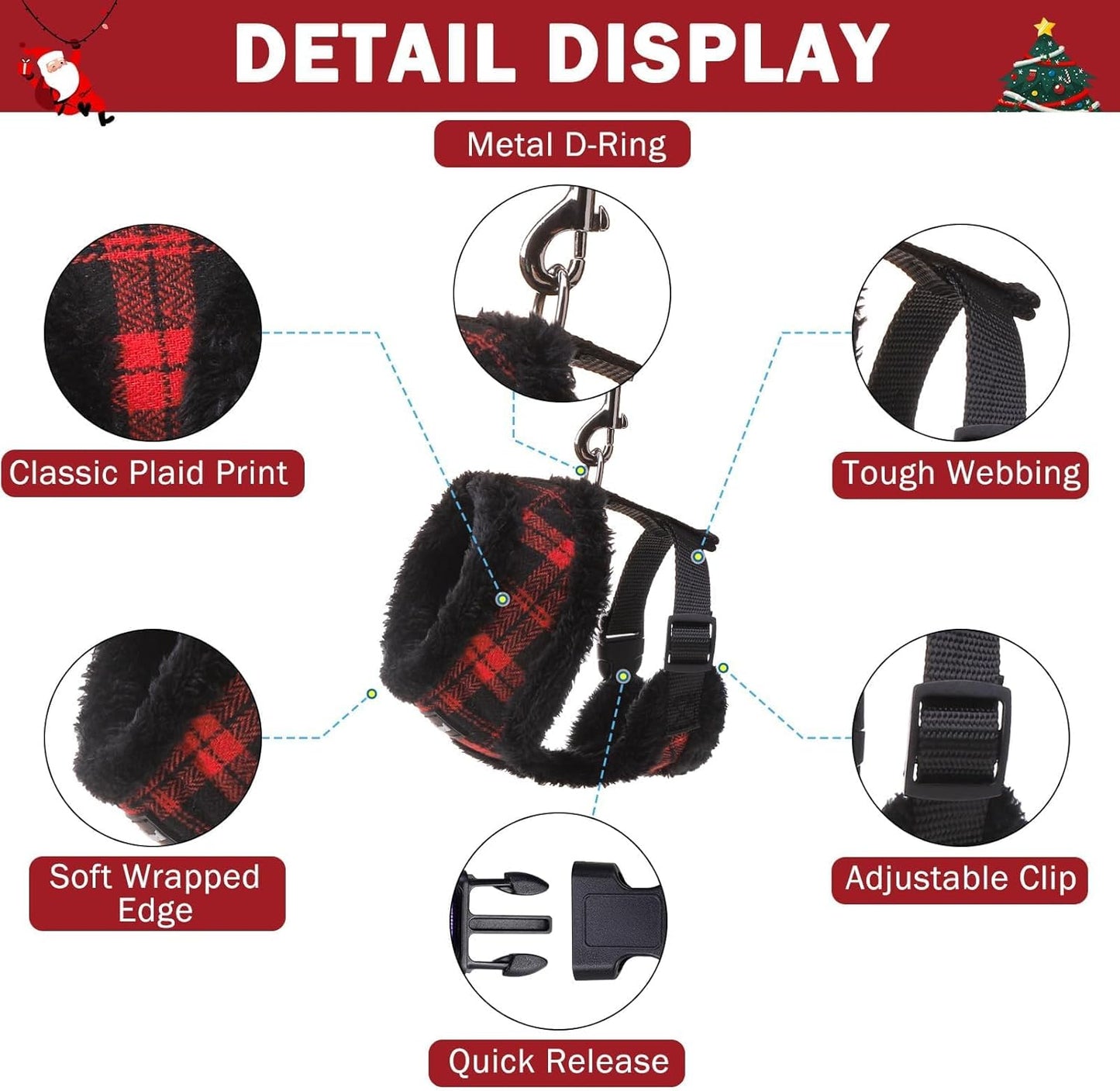 SCENEREAL Small Dog Harness Collar and Leash Set, Warm Fleece No Pull Puppy Vest Harness, Christmas Dog Outfit No Chock Adjustable Step in Pet Halter for Outdoor Walking Training, Red Plaid M