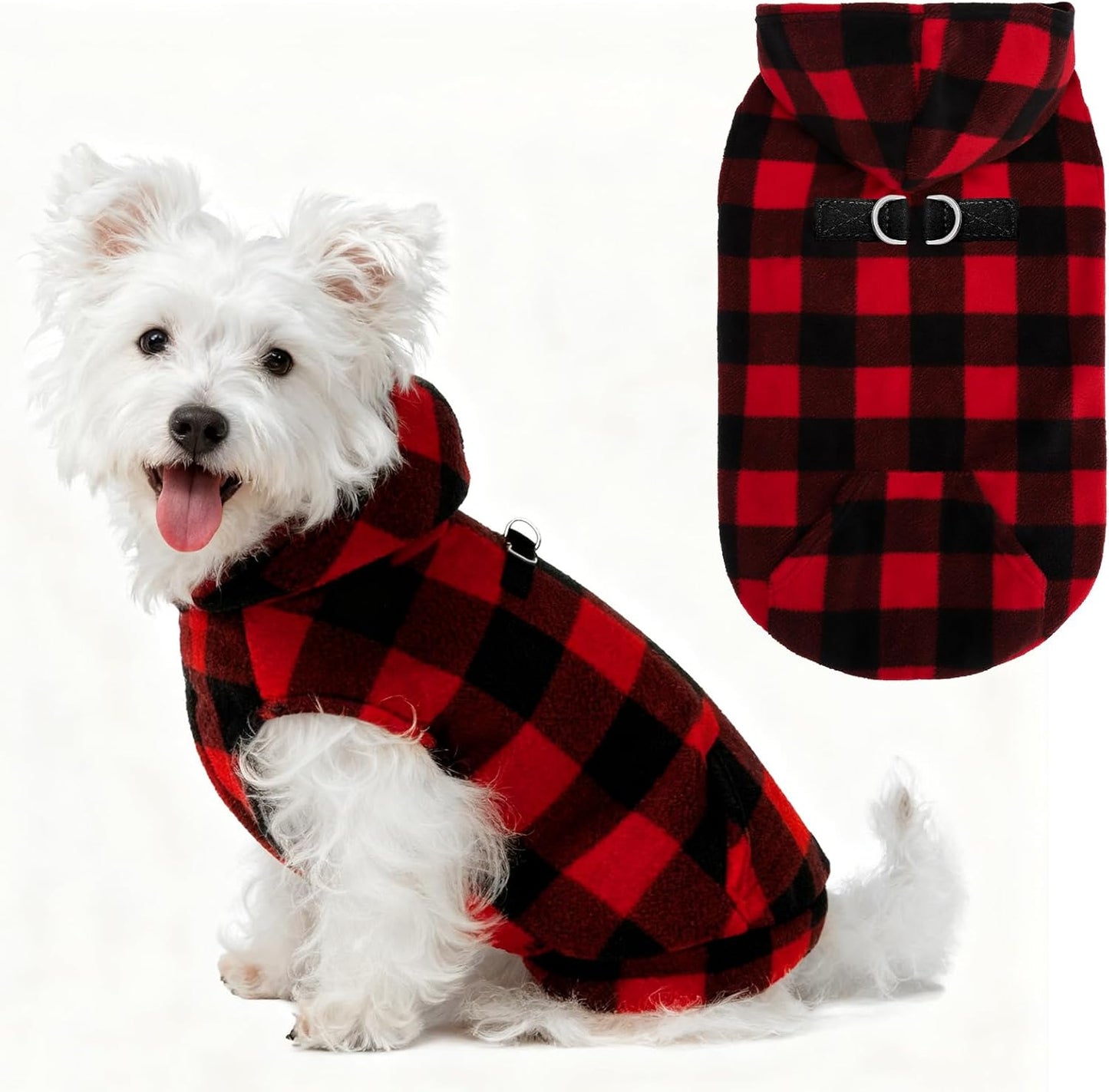 EXPAWLORER Dog Hoodie Fleece Sweater Vest, Plaid Dog Sweatshirt Fall Winter Pet Clothes with Leash Ring, Sleeveless Warm Cozy Puppy Clothing for Cat Small Medium Large Dogs Girl Boy, Checkered M