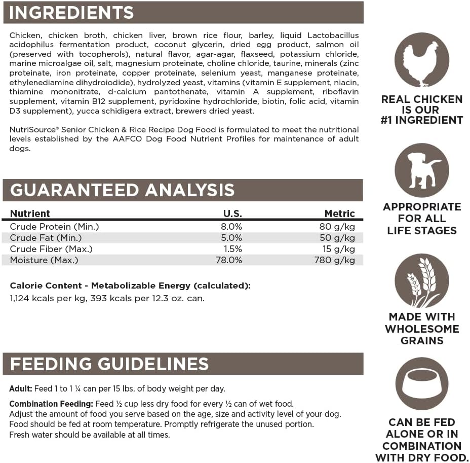 NutriSource Chicken & Rice Senior Dog Food, Premium Wet Dog Food, 12.3 Ounce (Pack of 12)