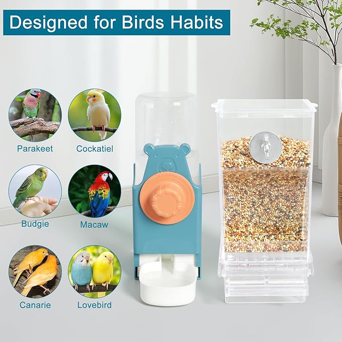No Mess Bird Feeder Water Dispenser Set, Automatic Parrot Feeder Drinker Cage Accessories, for Parakeets, Cockatiels, Budgies, Macaws, Lovebirds, Canaries - Cage Mounted/External Hanging (Blue)