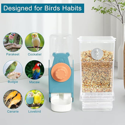 No Mess Bird Feeder Water Dispenser Set, Automatic Parrot Feeder Drinker Cage Accessories, for Parakeets, Cockatiels, Budgies, Macaws, Lovebirds, Canaries - Cage Mounted/External Hanging (Blue)