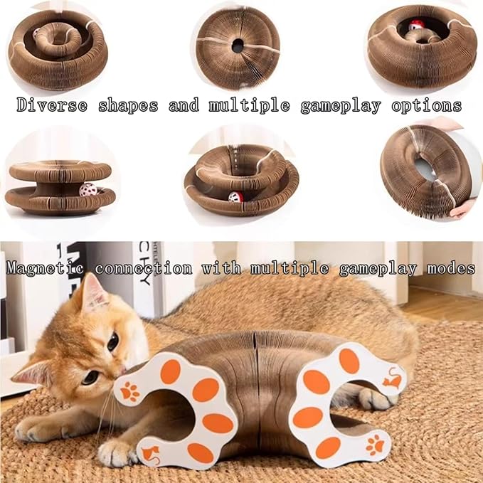 Kitty Curlz Interactive Cat Toy, Brown Accordion Kitty Curls Scratching Board with Paw Design, Bell Ball, Magnetic Collapsible Tunnel for Cats