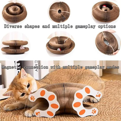 Kitty Curlz Interactive Cat Toy, Brown Accordion Kitty Curls Scratching Board with Paw Design, Bell Ball, Magnetic Collapsible Tunnel for Cats