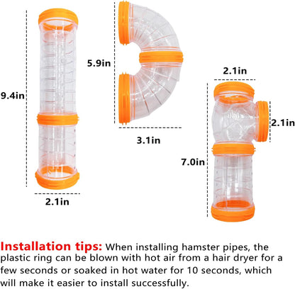 8PCS Hamster Tunnel Tube DIY Assorted Toy Transparent Adventure Pipe Playground Excercise Set for Mouse Syrian Hamster Gerbil (Orange)