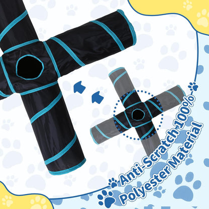 Pet Cat Tunnel, 4-Way Junction Tunnels for Indoor Cats, Collapsible Pet Tunnel for Kitten, Puppy, Rabbit, 25cm-Wide Tunnels, Durable & Breathable, with Peek Hole Toy Ball