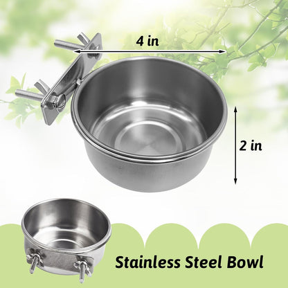 Tfwadmx 4 Pcs Stainless Steel Bird Bowls with Clamp,Clamp Holder Coop Cup,Bird Dishes for Cage, Cage Water Bowl for Cockatiels Lovebird Budgie Chinchilla