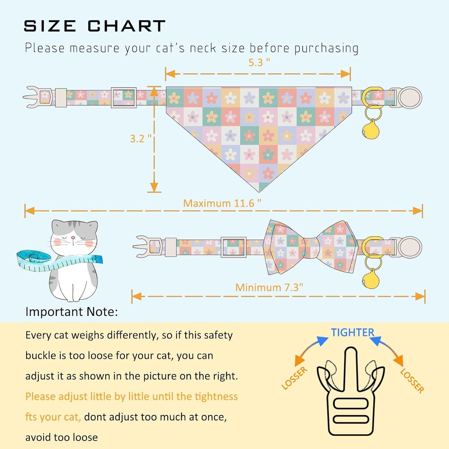 Faygarsle 2 Pack Floral Pattern Cat Collar Set with Bandana and Bow Tie, Breakaway Safety Buckle, Colorful Checkered Design