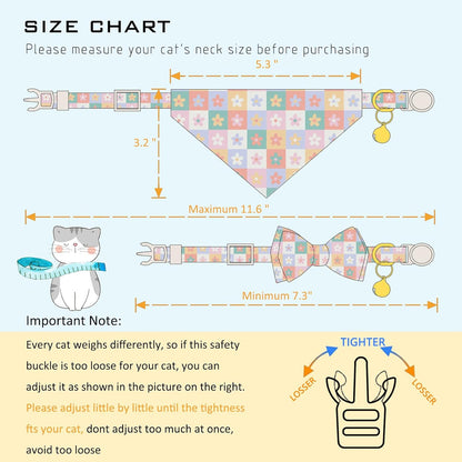 Faygarsle 2 Pack Floral Pattern Cat Collar Set with Bandana and Bow Tie, Breakaway Safety Buckle, Colorful Checkered Design