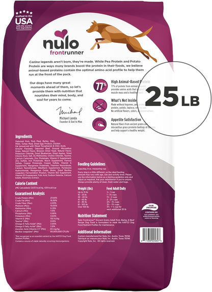 Nulo Frontrunner Ancient Grains High-Protein Dog Food, Pork, Barley, & Beef Recipe- Natural Dry Dog Food with Probiotics, Grain-Inclusive Kibble for Adult Dogs, 25 lb Bag