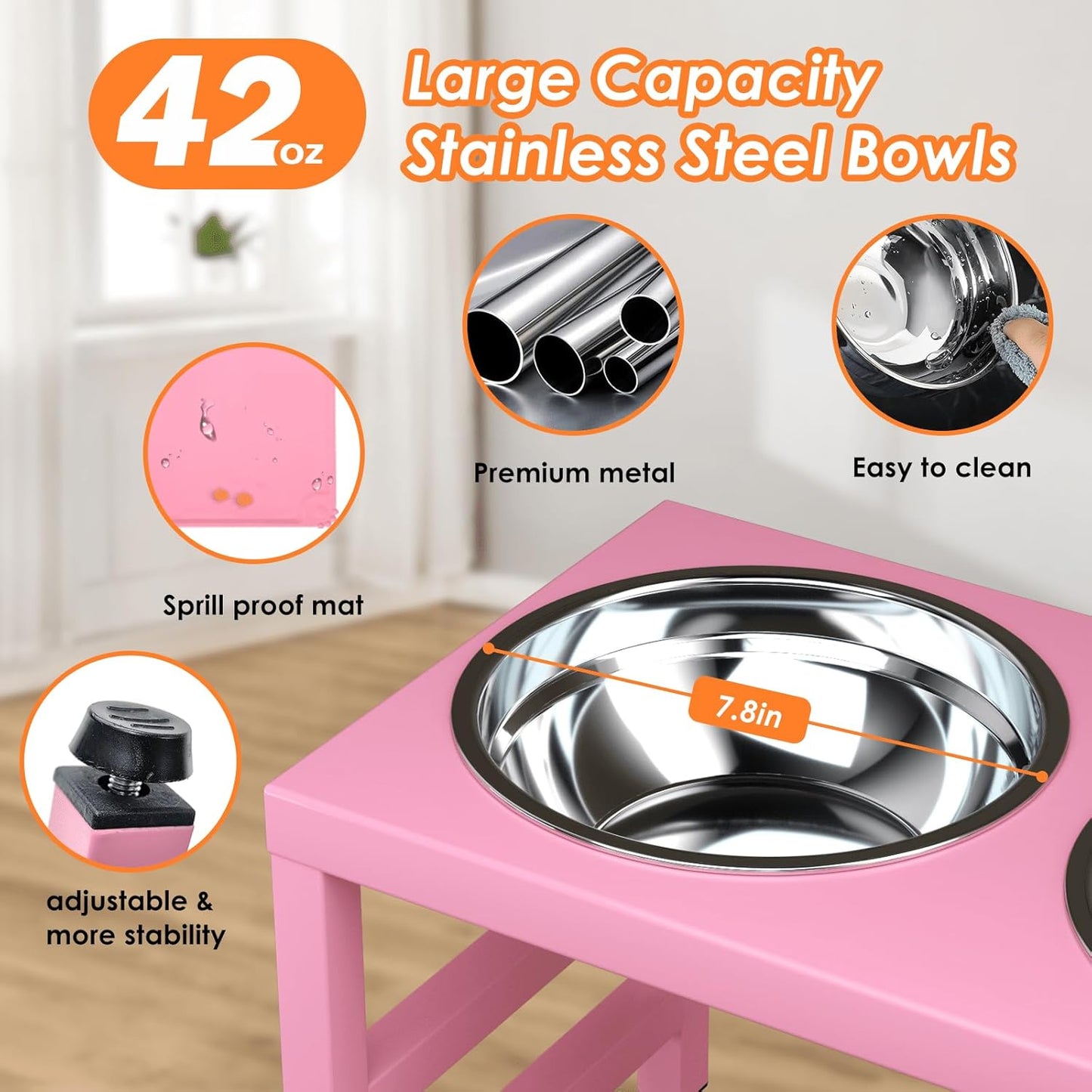 Pink Metal Raised Dog Bowl Stand for Large Dogs, Stronger Elevated Dogs Bowls with Sprill Proof Mat, Food & Water Bowl 10in Tall Feeder (42OZ-Stainless Steel Dog Bowls, Mat-12x19 in)