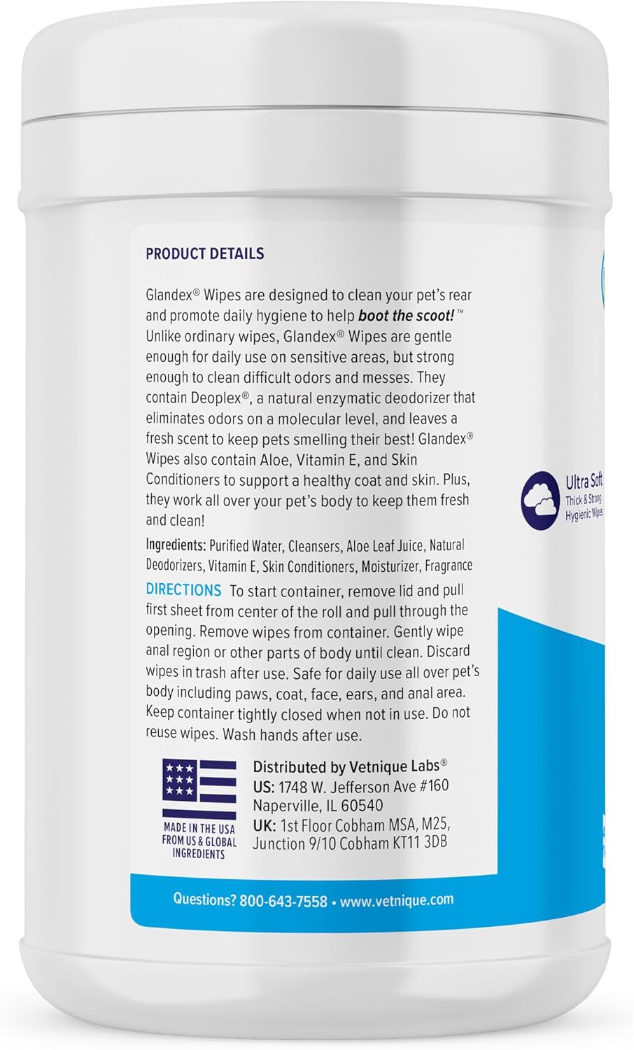 Vetnique Glandex Dog Wipes for Pets Cleansing & Deodorizing Anal Gland Hygienic Dog & Cat Wipes with Vitamin E, Skin Conditioners and Aloe (75ct)