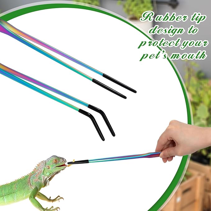 Lasnten 2 Pcs Extra Long Stainless Steel Reptile Feeding Tongs with Rubber Tip Bearded Dragon Aquarium Straight and Curved Long Tweezer Terrarium Feeder Tool for Tank(10 Inch, 10.5 Inch,Colorful)
