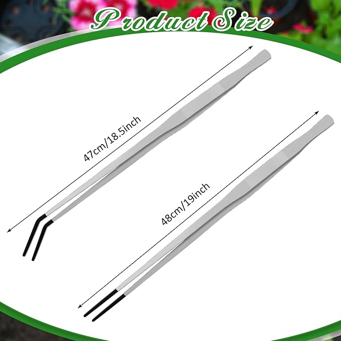 Lasnten 2 Pcs Extra Long Stainless Steel Reptile Feeding Tongs with Rubber Tip Bearded Dragon Aquarium Straight and Curved Long Tweezer Terrarium Feeder Tool for Tank(Silver, 18.5 Inch, 18.9 Inch)