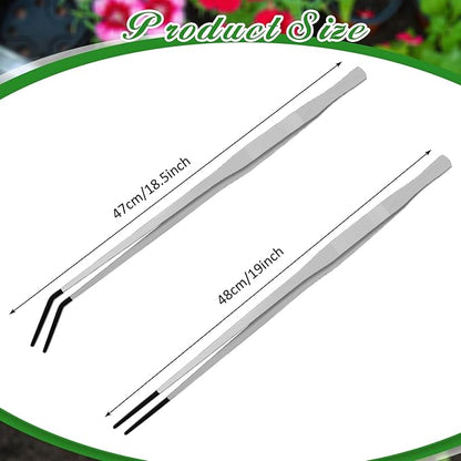 Lasnten 2 Pcs Extra Long Stainless Steel Reptile Feeding Tongs with Rubber Tip Bearded Dragon Aquarium Straight and Curved Long Tweezer Terrarium Feeder Tool for Tank(Silver, 18.5 Inch, 18.9 Inch)