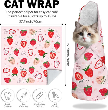 27.6" Cat Grooming Wrap, Self Adhesive Cat Wrap for Cutting Nails, Anti-Escape Cat Swaddle Wrap for Medicine Ear Cleaning, Strawberry Anti-Scratch Cats Burrito Restraint Blanket, Pet Tool (6-10 lbs)
