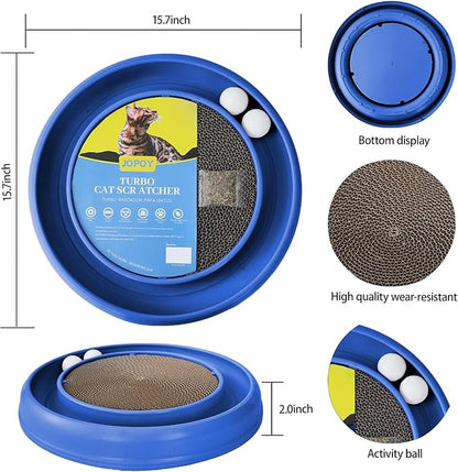 Interactive Cat Scratcher with Two Rotating Balls,Durable Scratch Pad for Indoor Play,Cardboard Cat Scratcher Pad with Cat Toy Ball Track and Catnip,2-in-1 Cat Toy (Blue)