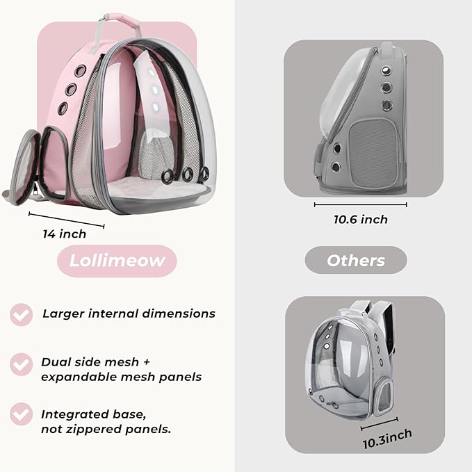 Lollimeow Cat Carrier Backpack, Bubble Expandable Backpack Carrier, Pets and Small Dogs,Airline-Approved, Designed for Travel, Hiking, Walking & Outdoor Use (Front Expandable-Pink)