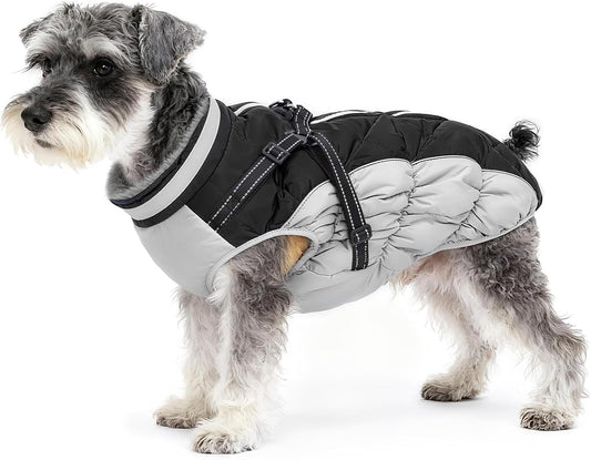 Dog Winter Coat with Harness, Dog Jacket, Pet Clothes with Zipper on Back, Waterproof Windproof Warm Vest, Reflective Cold Weather Coats, for Small Medium Large Dogs, Thick, Black,XS