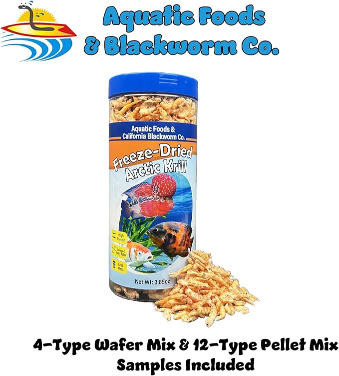 Aquatic Foods Inc. Arctic Krill, Freeze Dried Krill, High in Natural Color Enhancing for Large Cichlids, Tropical Fish, Koi, Turtles, 12-Type Pellet Mix & 4-Type Wafer Mix Included 3.85oz Canister