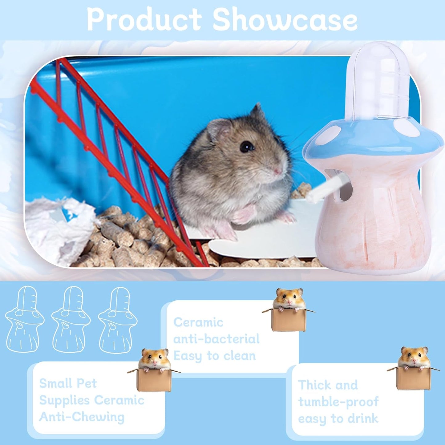 PENCK 60ml Hamster Water Bottle Pet Drinking Dispenser with Mushroom Ceramic Stand for Hamsters, Guinea Pigs & Small Animals - Leak-Proof Ceramic Water Bottle for Cage Use (Blue)