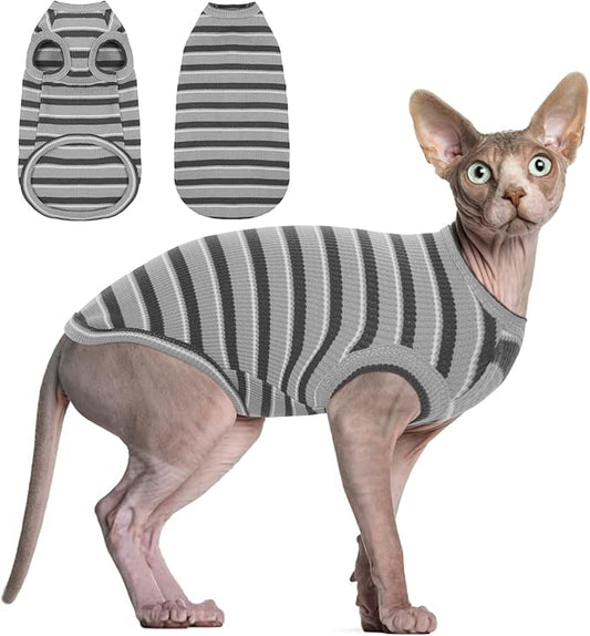 BRKURLEG Hairless Cats T Shirt, Cat Sweaters, Pullover Kitten Shirts, Sleeveless Round Collar Cotton Vest for Cornish Rex Devon Rex Peterbald and Small Dogs Sweater(Grey Stripes, M)