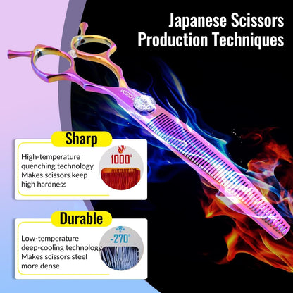 Professional Curved Thinning Shears Dog Grooming Scissors 7.5'' Rainbow Curved Thinner Scissors for Grooming Large Dogs Pet 56 Teeth Japan 440C(Curved Thinner,Rose Red)