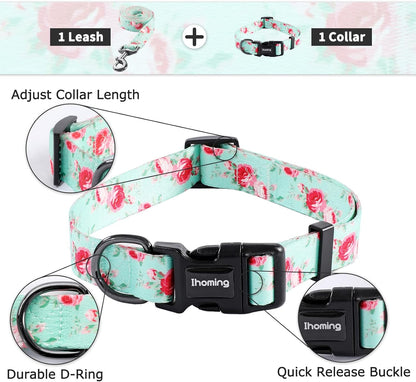 Ihoming Puppy Collar and Leash Set for Daily Outdoor Walking Running Training, Floral Spring Design for Extra Small Boys Girls Dogs Cats Pets, XS-Up to 10LBS