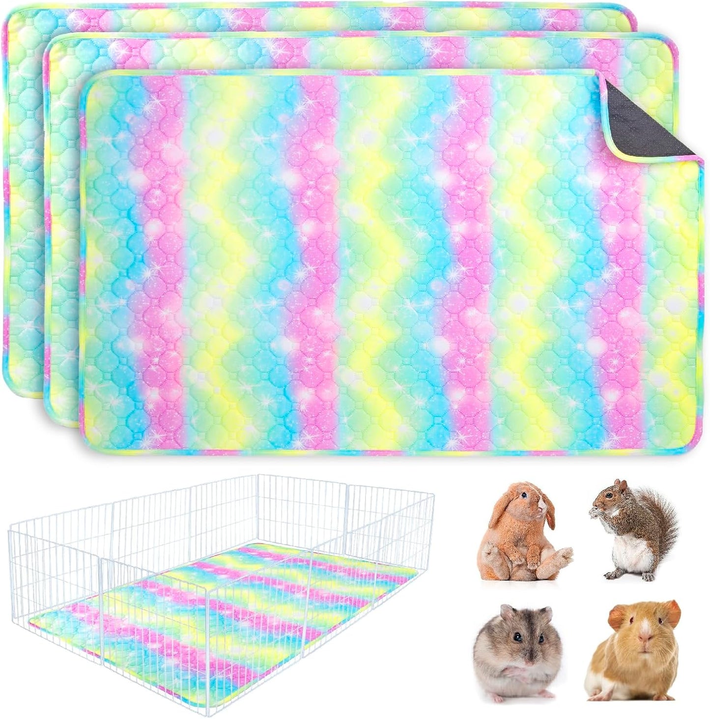 Guinea Pig Bedding,3Pack Washable & Super Absorbant Guinea Pig Cage Liner,Reusable Guinea Pig Pee Pads Anti Slip Guinea Pig Bedding for Small Animals Rabbits Hamster Rat Wave Rainbow