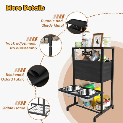 Elevated Dog Bowls, Height Adjustable Raised Dog Bowl Stand (3.5'' to 11''), Multifunctional Lifted Bowl Holder with Pet Food Organizer for Large Medium Small Dogs, Black