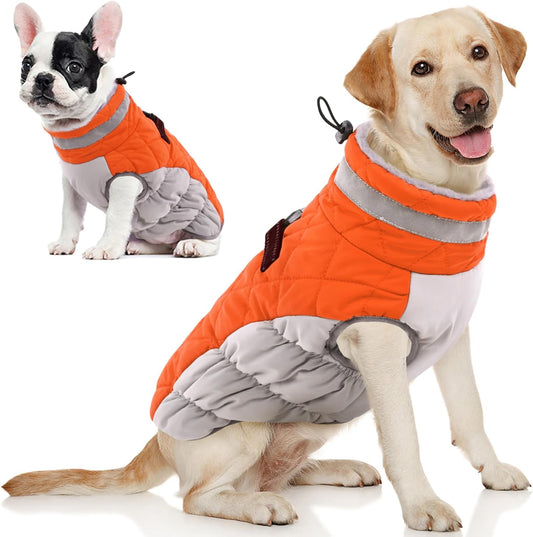 AOFITEE Dog Coat, Warm Dog Winter Coat, Reflective Cold Weather Dogs Puffer Jacket with Harness Built in, Waterproof Pet Fleece Vest Snowsuit for Small Medium Large Dogs, Orange L