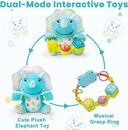 Baby Dino Musical Stuffed Animals Toy with Light-Up Music & Crinkle Sound Paper,Infant Bilingual Early Learning Education Toys,Tummy Time Toys for 0-3-6-12+ Months Boy Girl