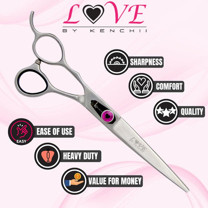 Kenchii Love Left Handed Dog Grooming Scissors, 7 Inch Straight Shears, Dog Scissors for Grooming, Professional Pet Grooming Scissors, Ergonomic & Comfortable