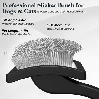 2PCS Slicker Brush for Dogs & Pet Comb,Professional Dog Grooming Brush (Goldendoodles,Poodles,Labradoodles) with Extra Long Pins to Effectively Remove Tangles, Knots and Mats (Black Large)