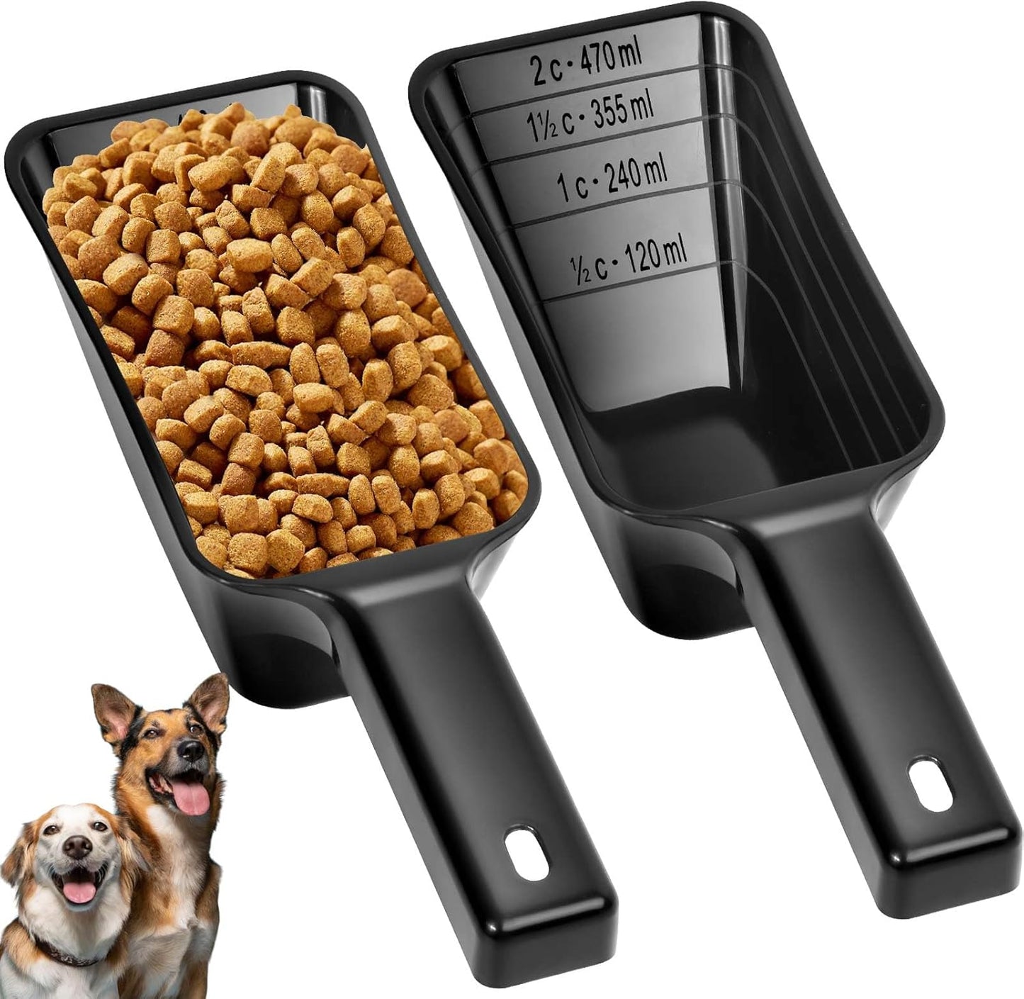 2 Cup Dog Food Scoop(2 Pack), Plastic Pet Food Scoop with Measuring Lines for Accurate Pet Food Portions,Dishwasher Safe (Black)