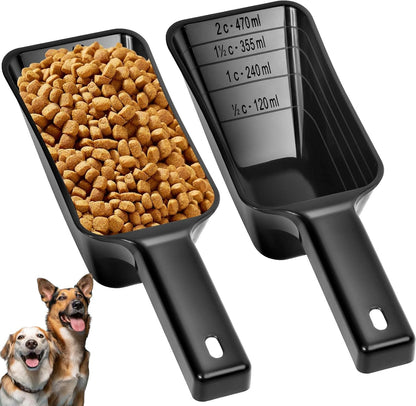 2 Cup Dog Food Scoop(2 Pack), Plastic Pet Food Scoop with Measuring Lines for Accurate Pet Food Portions,Dishwasher Safe (Black)