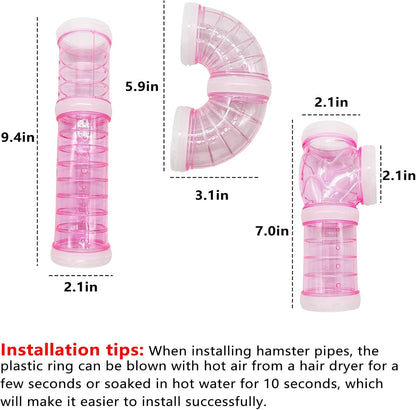 8PCS Hamster Tunnel Tube DIY Assorted Toy Transparent Adventure Pipe Playground Excercise Set for Mouse Syrian Hamster Gerbil (Pink)