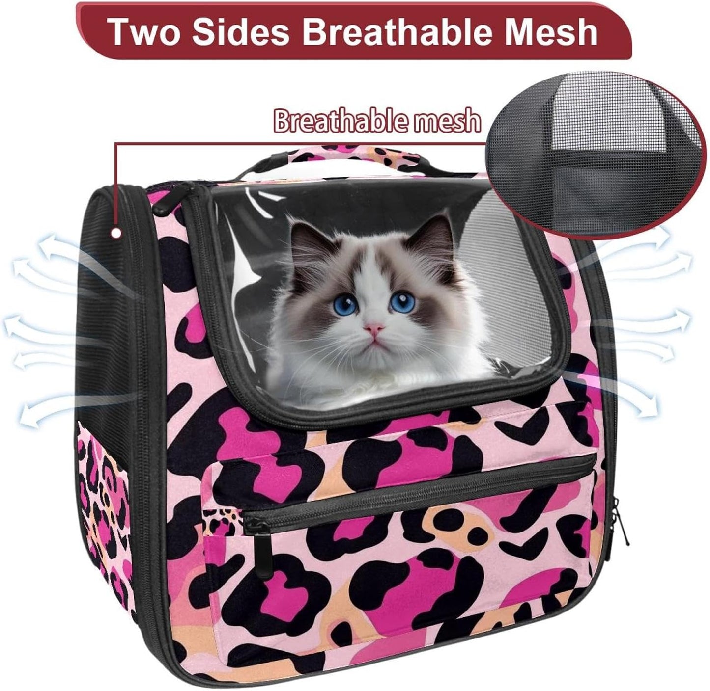 Pink Leopard Print (1) Cat Backpack Carrier, Pet Backpack for Dog Cat Puppy Kitty, Travel Carrier for Hiking Walking Outdoor Use