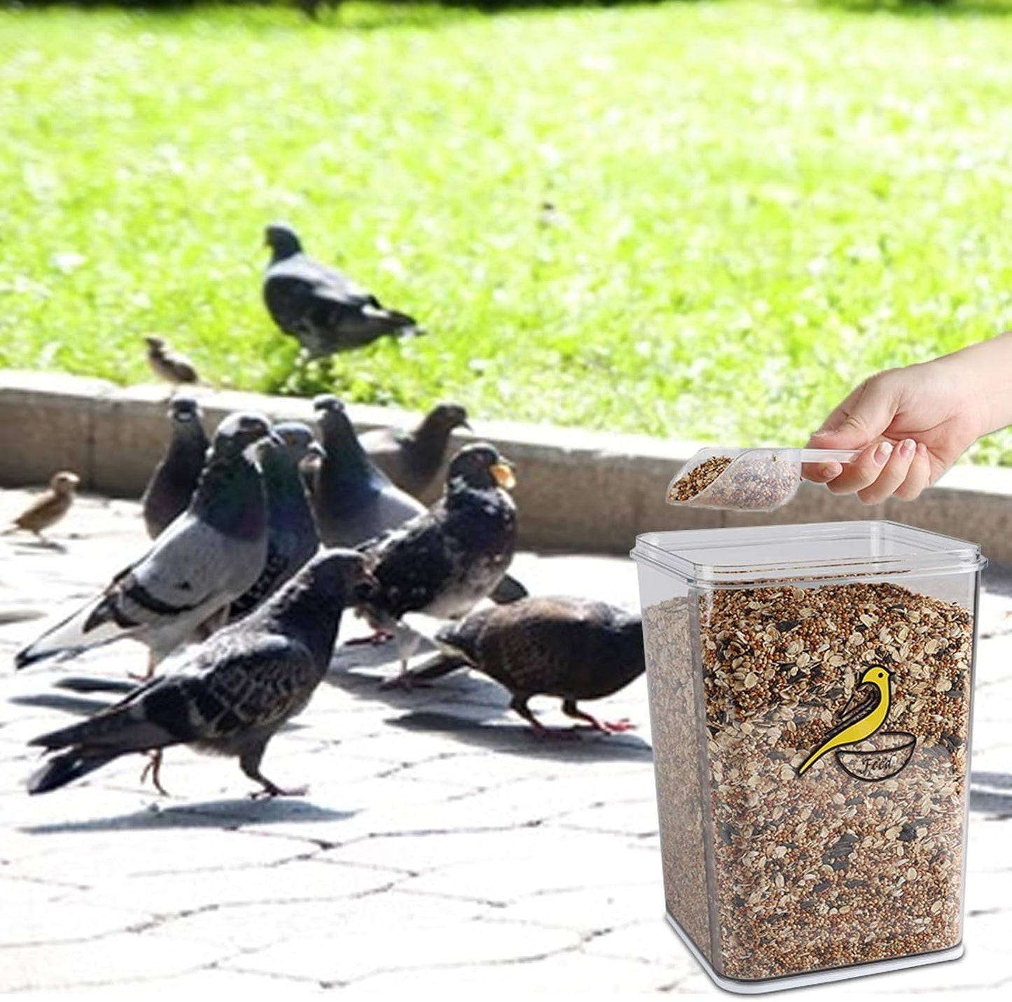 Bird Seed Storage Container-Airtight Bird Food Container-8.4lb/5 l Pet Food Storage Containers with Birds Seed Scoop-Wild Birds Dispenser-forPet Parakeets Finches Food Mealworms/Clear
