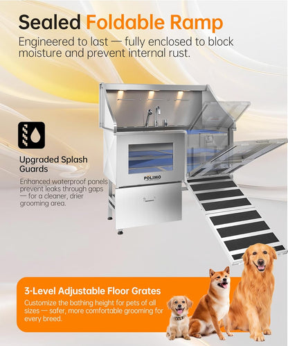 POLIMO Dog Washing Station, LED Professional Stainless Steel Dog Bathing Station 50", Dog Grooming Tub for Large, Medium & Small Dog - with Window, Ramp, Drawer, Floor Grate & Faucet (Right Ramp, 50")
